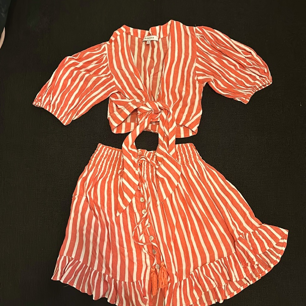 Coral and White Striped Two Piece Skirt Set